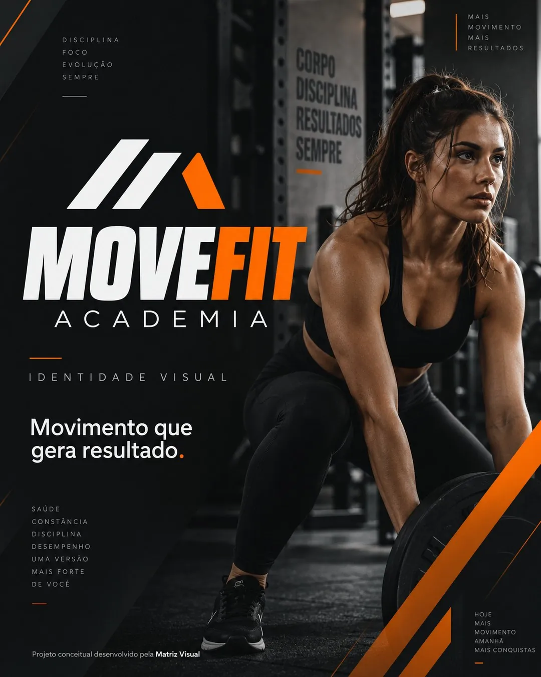 Pôster de identidade visual MoveFit Academia, com atleta levantando peso