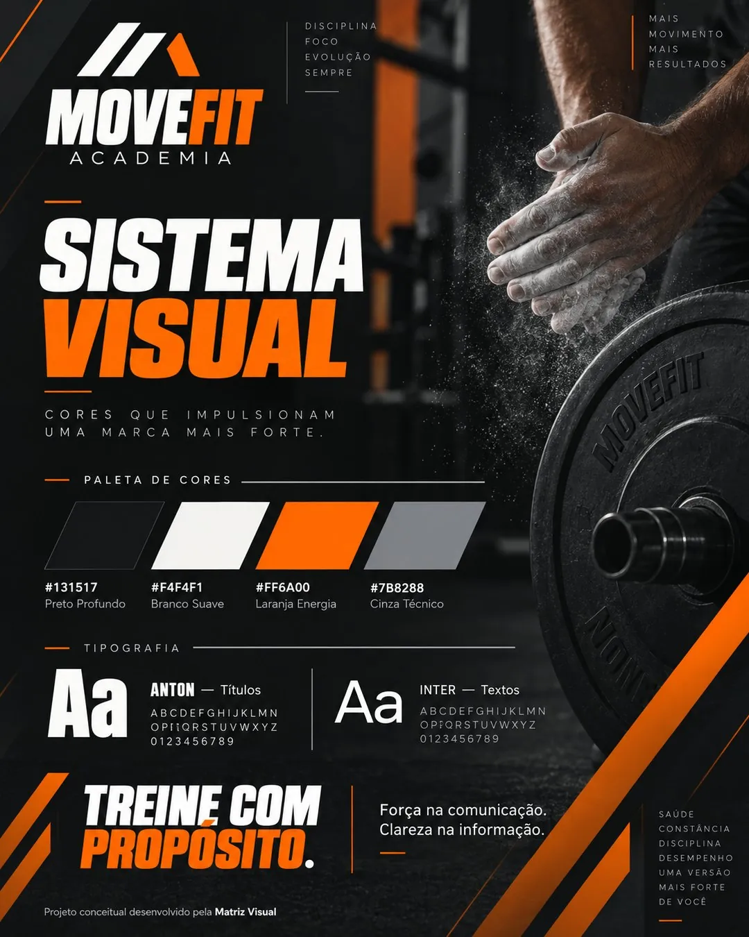 Sistema visual MoveFit com paleta de cores e tipografia