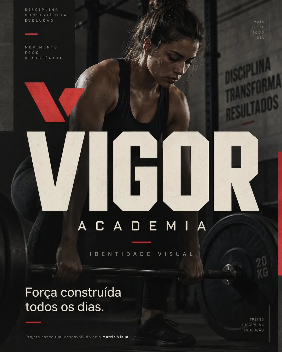 Pôster de identidade visual Vigor Academia, com atleta levantando barra
