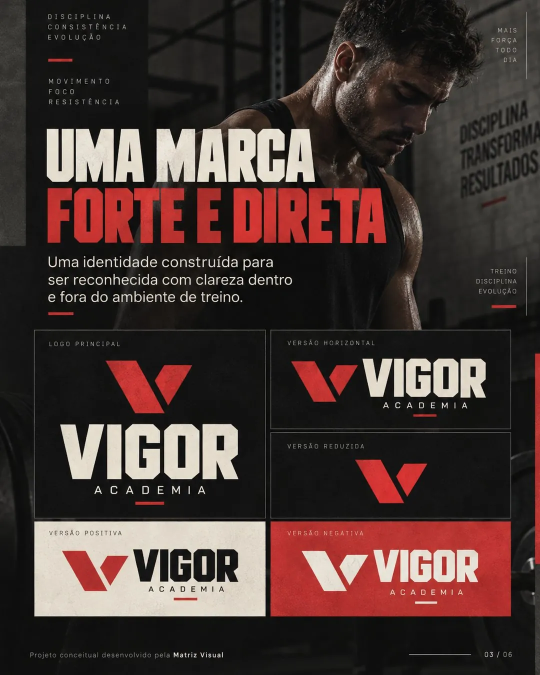 Versões do logo Vigor: principal, horizontal, reduzida, positiva e negativa