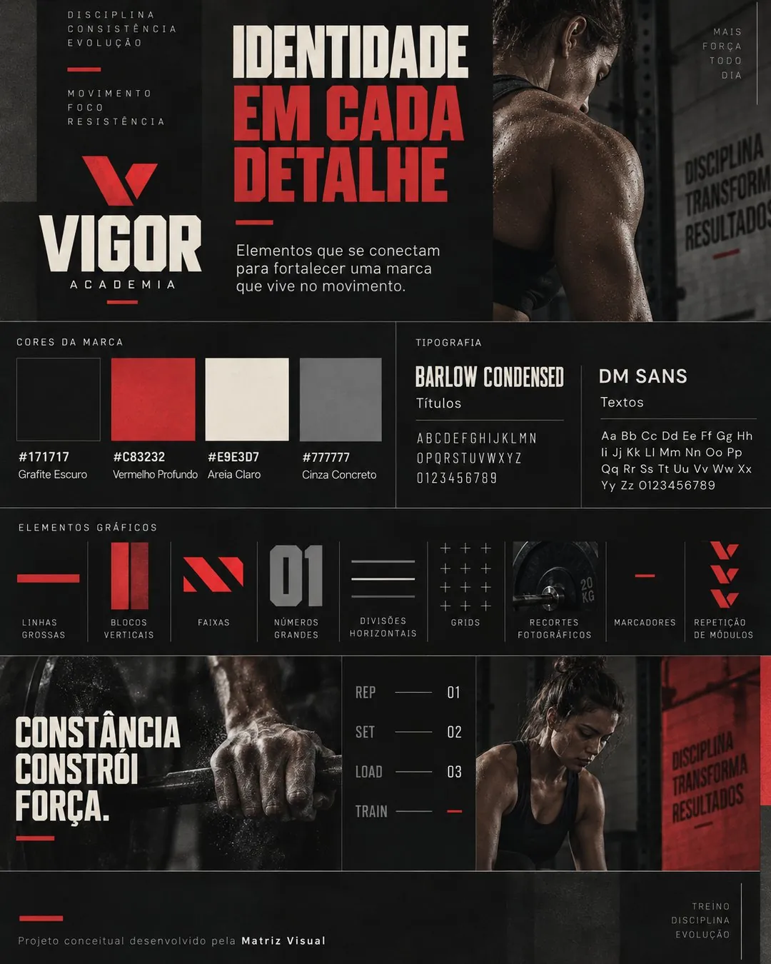 Sistema visual Vigor com cores, tipografia e elementos gráficos